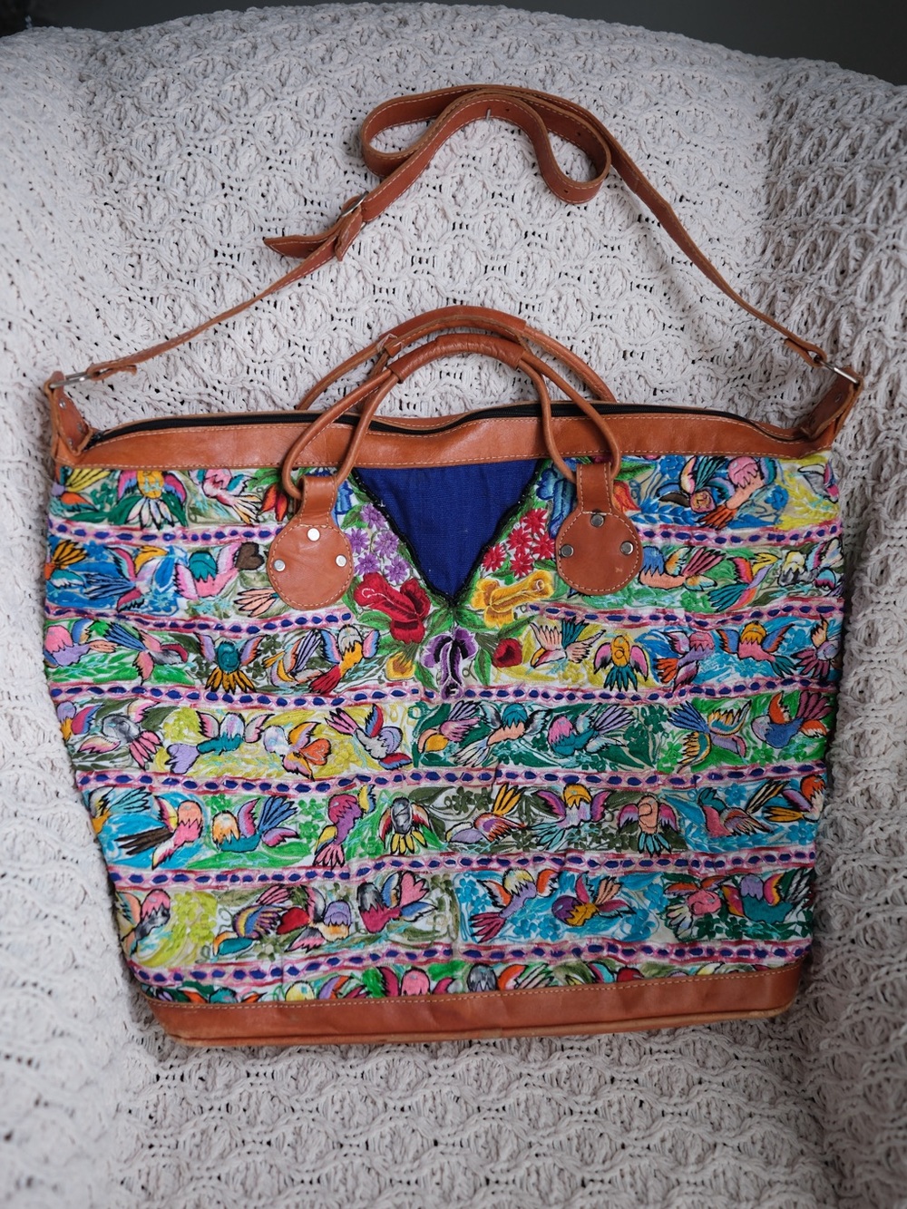 Handmade Embroidered Bird Tote Bag Leather Trim